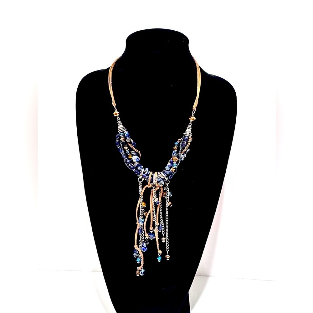 PREMIER DESIGNS Blue semiprecious stone & suede knotted bib necklace NIB